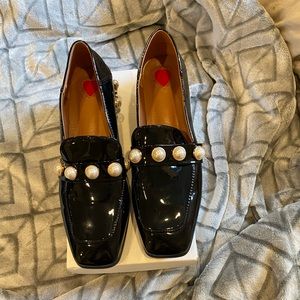 Black pearl studded patent leather loafers